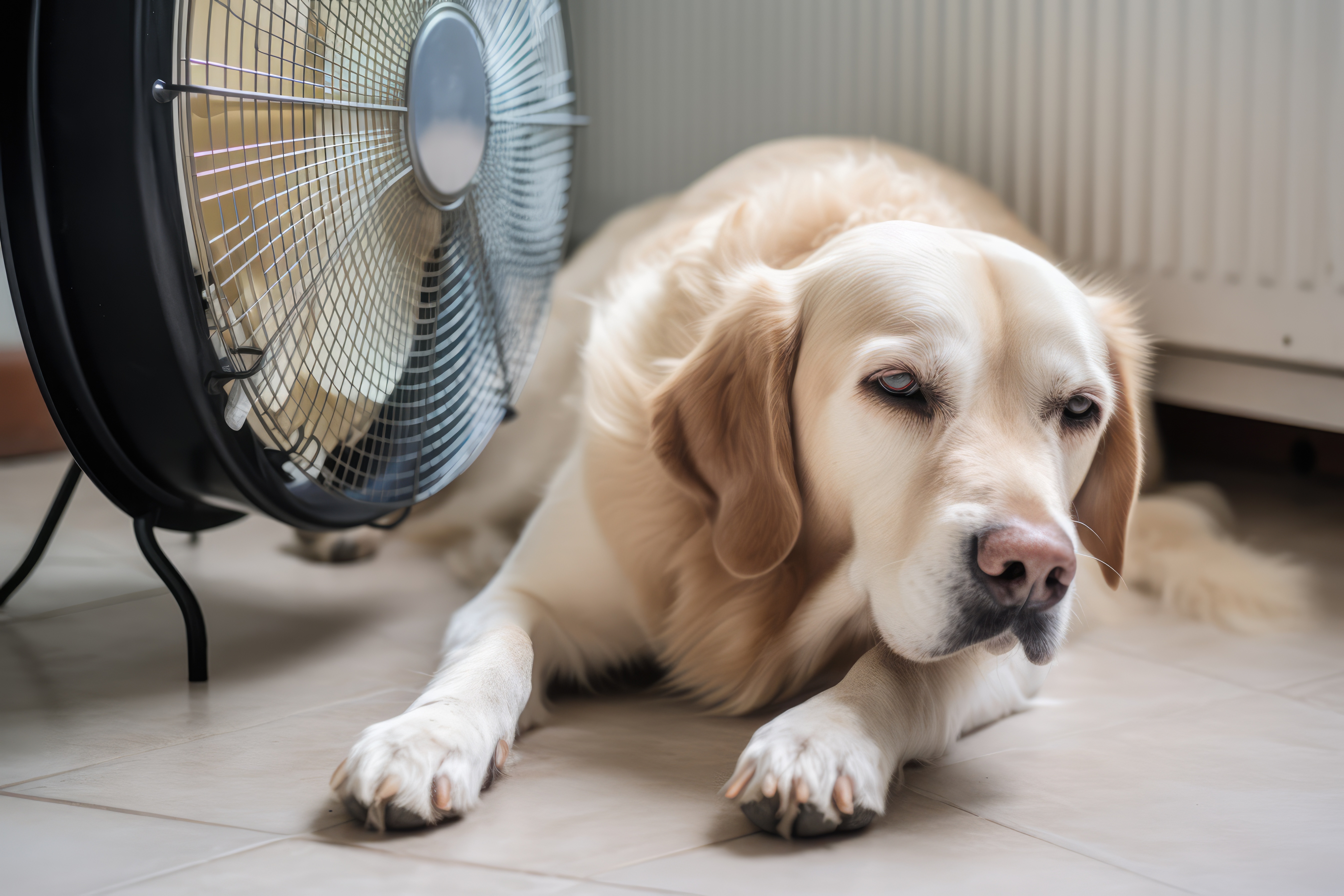 hond koelt af bij ventilator